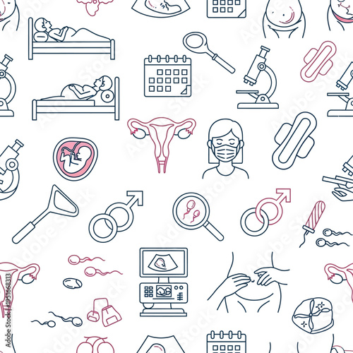 Seamless pattern of line icons representing female reproductive health, pregnancy, and fertility concepts across a white background.
