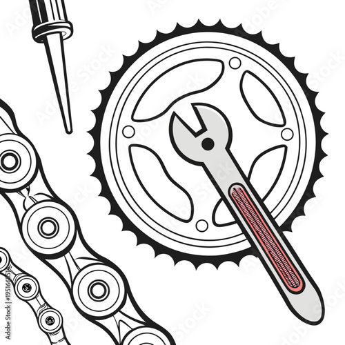 Detailed bicycle parts for maintenance: chainring, chain, wrench illustration
