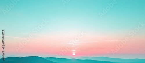 Serene Sunset Over Mountain Range, Pastel Sky, Tranquil Landscape, Minimalist Aesthetic.