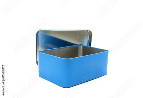 Empty metal box isolated on white background. Blue and silver tin container with lid. Mockup for design and branding.