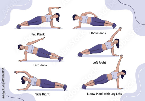 A woman demonstrates six different variations of the plank exercise, including full, elbow, and side variations, for core strength training.