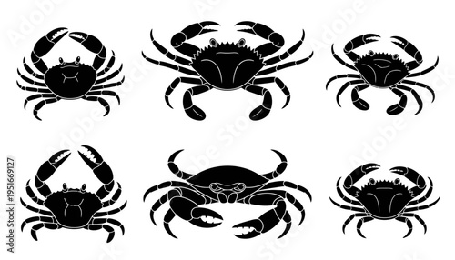 A collection of six distinct black silhouette illustrations depicting various species of sea crabs isolated on white background, Vector, illustration