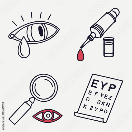 Eye care and vision health icons with tears, drops, magnifying glass, chart