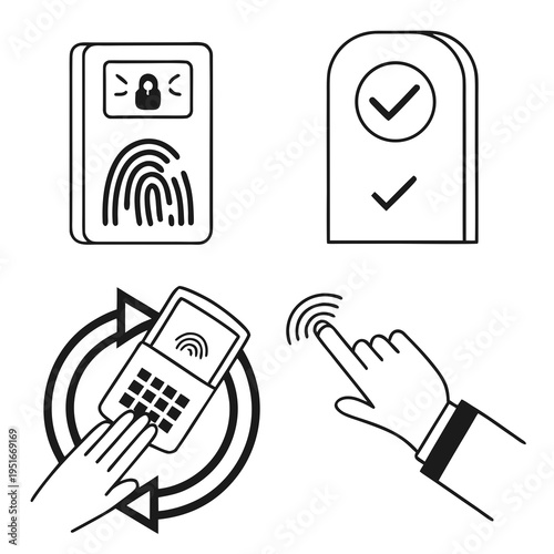 Security and access control icons with biometric fingerprint and nfc payment
