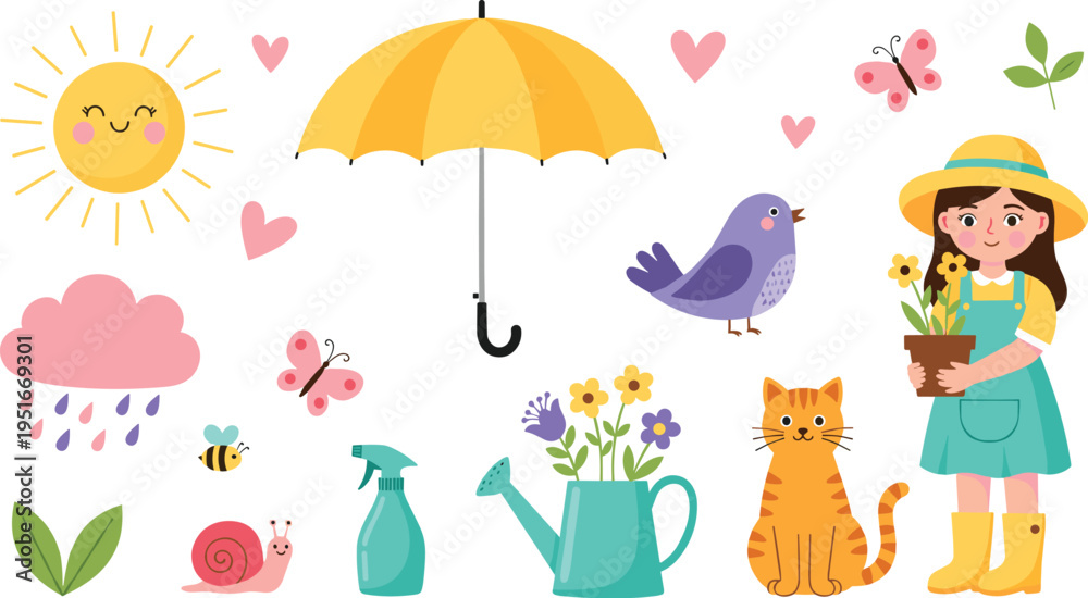 Fototapeta premium Cute spring gardening elements with girl cat flowers umbrella and watering can cartoon vector illustration