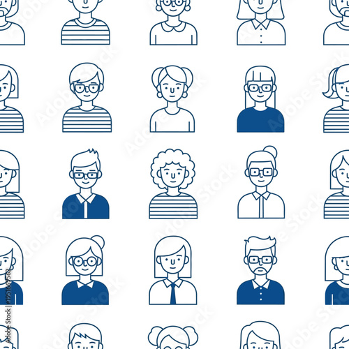 A seamless pattern features repeating blue line art portraits of diverse people heads in a tiled arrangement for avatar design.