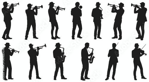 Collection of black silhouettes featuring various male jazz musicians playing their instruments isolated on white background, Vector, illustration