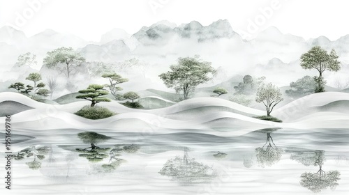 Serene Watercolor Landscape: Tranquil Mountain Scene with Reflections, Artistic Impression.