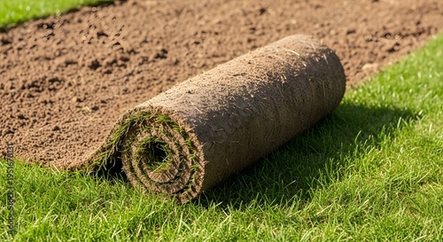 Rolled sod on a grassy lawn with exposed soil background
