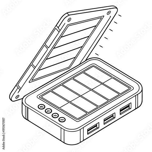 Isometric outline drawing of a portable solar power bank with panels and usb
