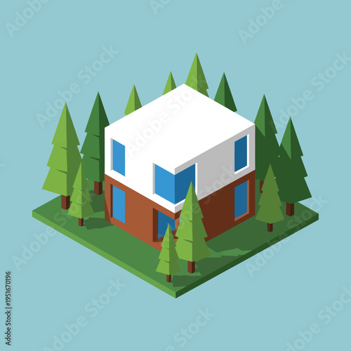 Isometric House Model with Trees Surrounding.