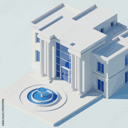 White 3D Building Model with Fountain.