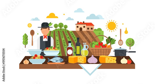 Traditional Italian Cuisine Vector. Chef, Farm-to-Table Ingredients, Pasta, Cheese, Olive Oil, and Fresh Produce Background.
