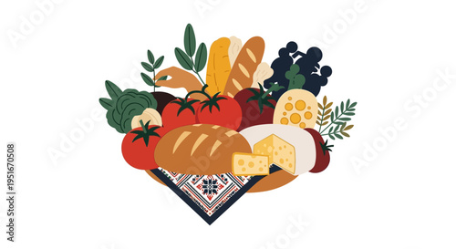 Rustic Harvest Food Abundance Illustration. Fresh Vegetables, Artisan Bread, and Cheese on Traditional Folk Fabric.