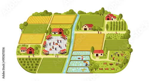 Aerial View Vector Map of Diverse Agricultural Land, Fields, Barns, and Community Food Market