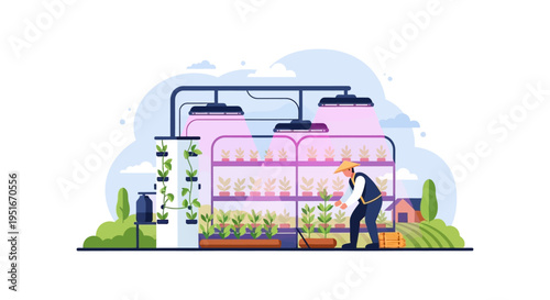 Vertical Farming Illustration: Farmer Tending Hydroponic Plants Under LED Lights. Sustainable Agriculture Technology
