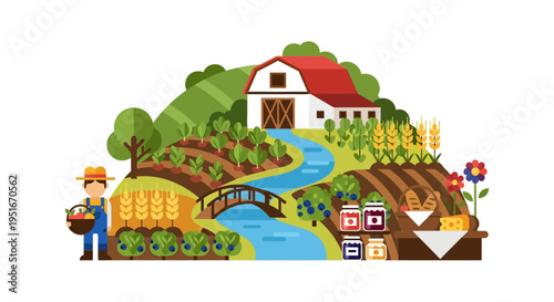 Flat Design Rural Farm Landscape Illustration: Farmer, Barn, Crops, Harvest, and Organic Produce