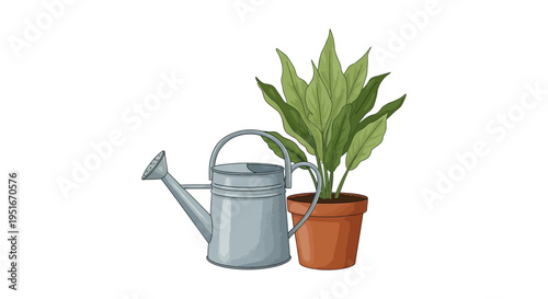 Illustrated Watering Can and Potted Houseplant. Gardening Tool and Green Indoor Plant Drawing Isolated on White Background for Plant Care Graphics.