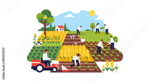 Agriculture Scene Vector: Farmers Working on Diverse Farm, Harvesting, Planting, and Using Tractor, Sustainable Food Production