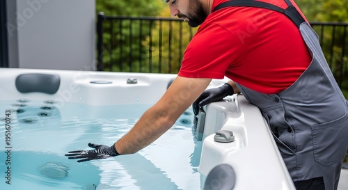 Man cleaning a hot tub with a gloved hand
