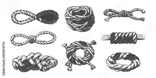Set of hand drawn rope knots and coils isolated on white background, vintage style vector illustration