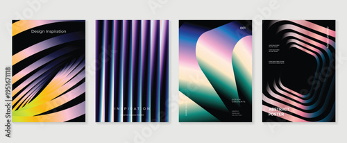 Neon yellow, mint, purple, and black abstract gradient poster vector with flowing waves and striped depth. Futuristic modern cover design for wall art and editorial layouts.