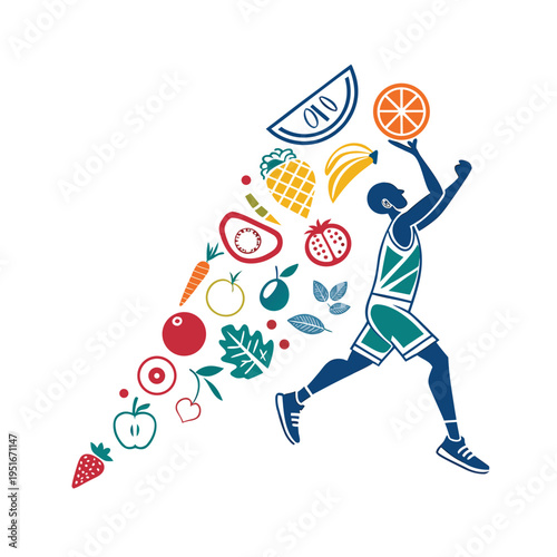 Vector illustration of man playing with fruit and vegetable icons