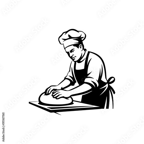 A black and white vector illustration of a professional baker kneading dough. This clean, minimalist silhouette is perfect for bakery, pastry shop, and culinary logos.