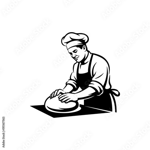 A black and white vector illustration of a professional baker kneading dough. This clean, minimalist silhouette is perfect for bakery, pastry shop, and culinary logos.