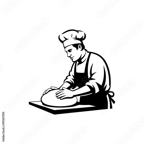 A black and white vector illustration of a professional baker kneading dough. This clean, minimalist silhouette is perfect for bakery, pastry shop, and culinary logos.