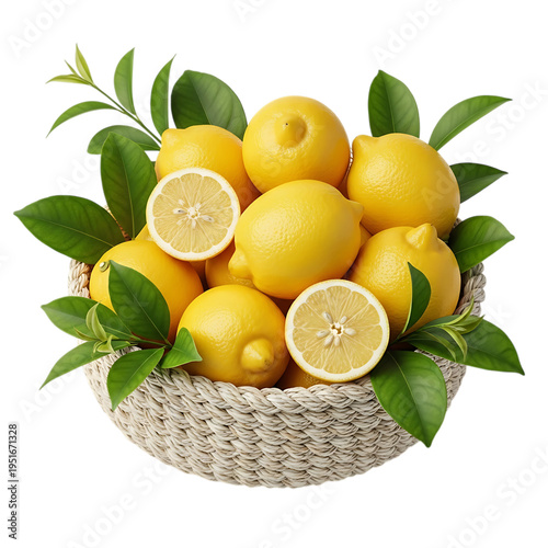 Organic ripe lemons in woven basket with green leaves. Fresh citrus fruits ready for juice or cooking