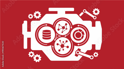 Business Powered by Data Engine with Rotating Information Disks Fueling Corporate Performance – Vector Illustration