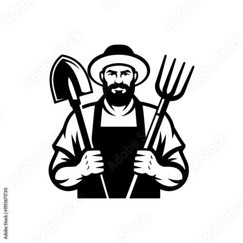 A black and white vector illustration of a bearded farmer holding a shovel and a pitchfork. This strong, minimalist mascot is perfect for agriculture and organic branding.