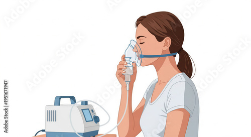 Woman using nebulizer for lung treatment at home  