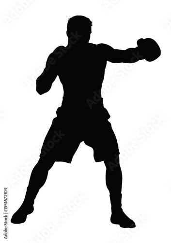 A silhouette of a professional boxer throwing a powerful punch during a competitive match event isolated on white background, Vector, illustration