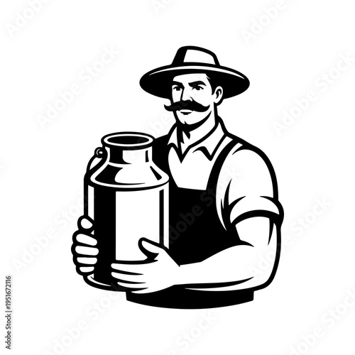 A black and white vector illustration of a mustachioed milkman in a hat and apron, holding a large metal milk can. A classic mascot for dairy farms and milk delivery.