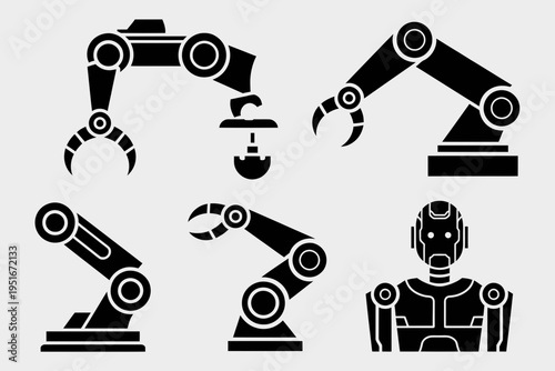 A collection of black silhouette icons featuring various industrial robotic arms and a humanoid bot isolated on white background, Vector, illustration