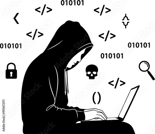 Hacker in Hoodie Using Laptop with Code Symbols Silhouette Vector, Cybersecurity and Data Breach Concept.