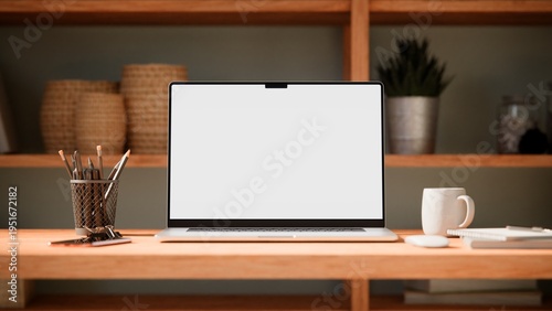 Laptop Blank Screen Mockup Front View in Scandinavian Home Office Interior