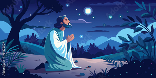 Jesus kneeling in the Garden of Gethsemane under a starry night sky, his face illuminated by the moonlight. He prays earnestly, with the silhouette of olive trees surrounding him.