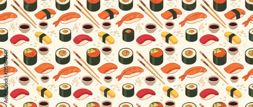A vibrant pattern of sushi rolls and sashimi arranged with chopsticks on a table