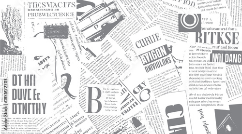Grey newspaper clippings with large text and abstract shapes on white background print