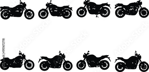 Eight distinct motorcycle silhouettes showcasing various styles on a white background.