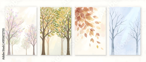 Seasonal changes depicted through four trees with varying foliage