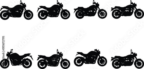 Eight different motorcycle silhouettes presented as vector graphics on white.