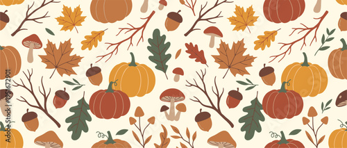 A vibrant autumn pattern featuring pumpkins, leaves, acorns, and branches on a cream background in a 7.eps illustration.