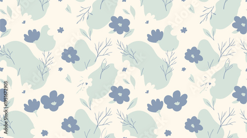 Beautiful floral pattern design with blue flowers and green leaves on cream background 9.eps