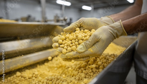 Hands of technician inspecting mattefinished fertilizer pellets during sulfur coating process in a modern production facility.