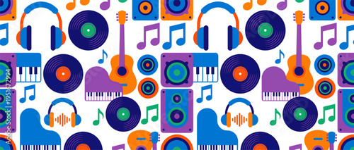 A vibrant collage of music icons including headphones, notes, and instruments in a colorful pattern