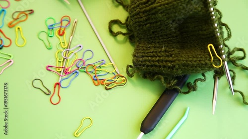 knitting yarn with needles and tools flat lay crafting concept